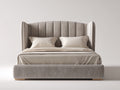 Lit double - Velours-Bois - 225 x 198 x 150 cm - Grège - Style contemporain enveloppant à tête de lit cannelée
