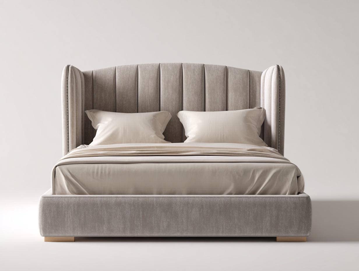 Lit double - Velours-Bois - 225 x 198 x 150 cm - Grège - Style contemporain enveloppant à tête de lit cannelée