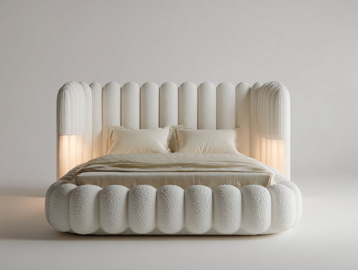 Lit double - Tissu bouclé - 234 x 218 x 132 cm - Blanc cassé - Style contemporain enveloppant