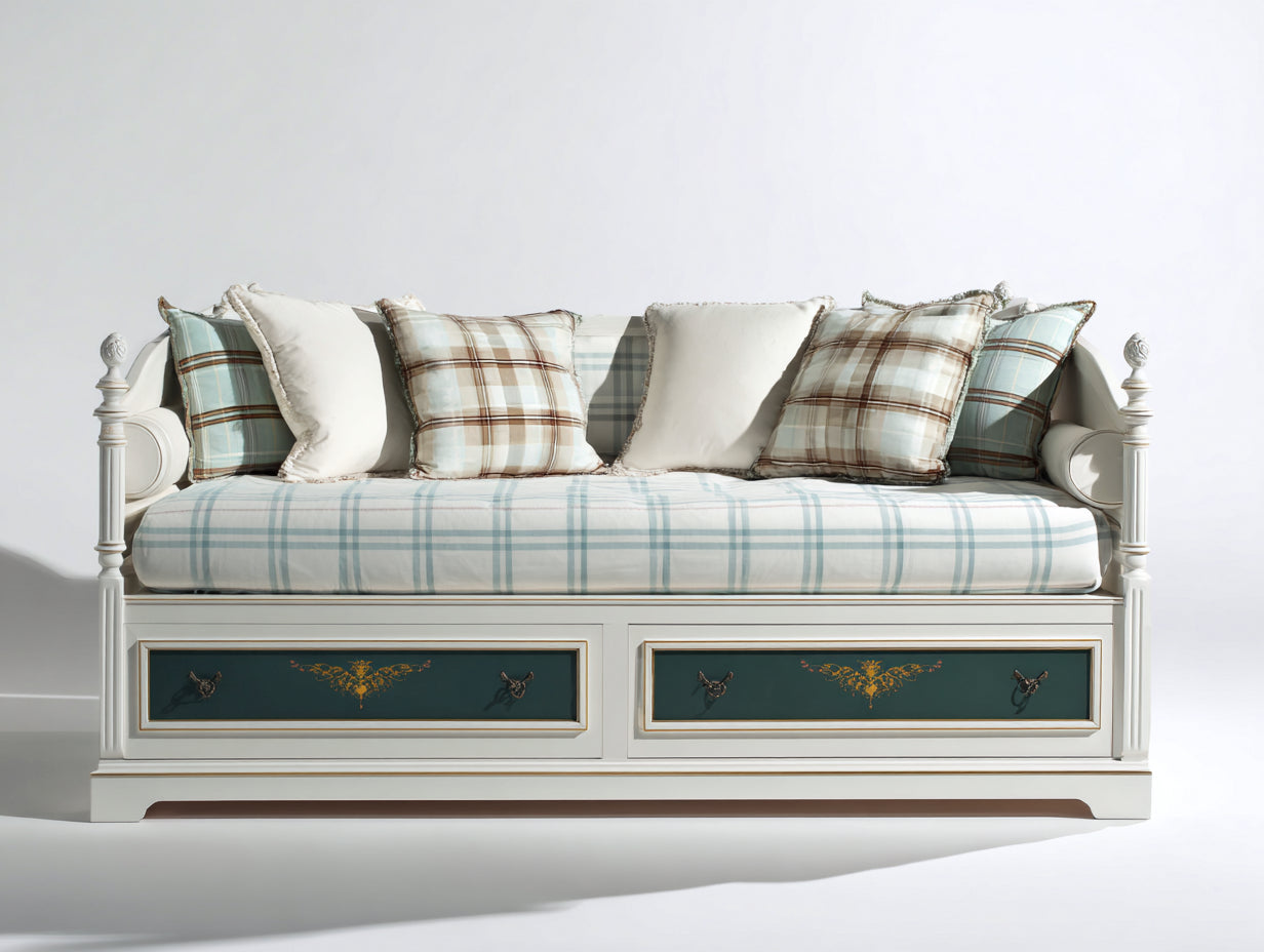 Canapé lit - Bois - 206 x 101 x 101 cm - Blanc-Vert foncé - Style traditionnel ornemental avec rangement