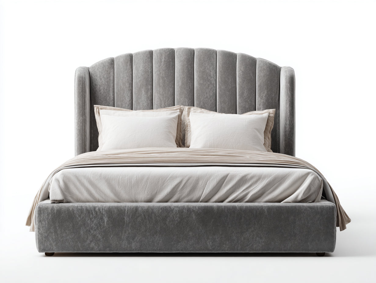 Lit double - Velours - 226 x 196 x 148 cm - Gris - Style contemporain enveloppant à tête de lit cannelée