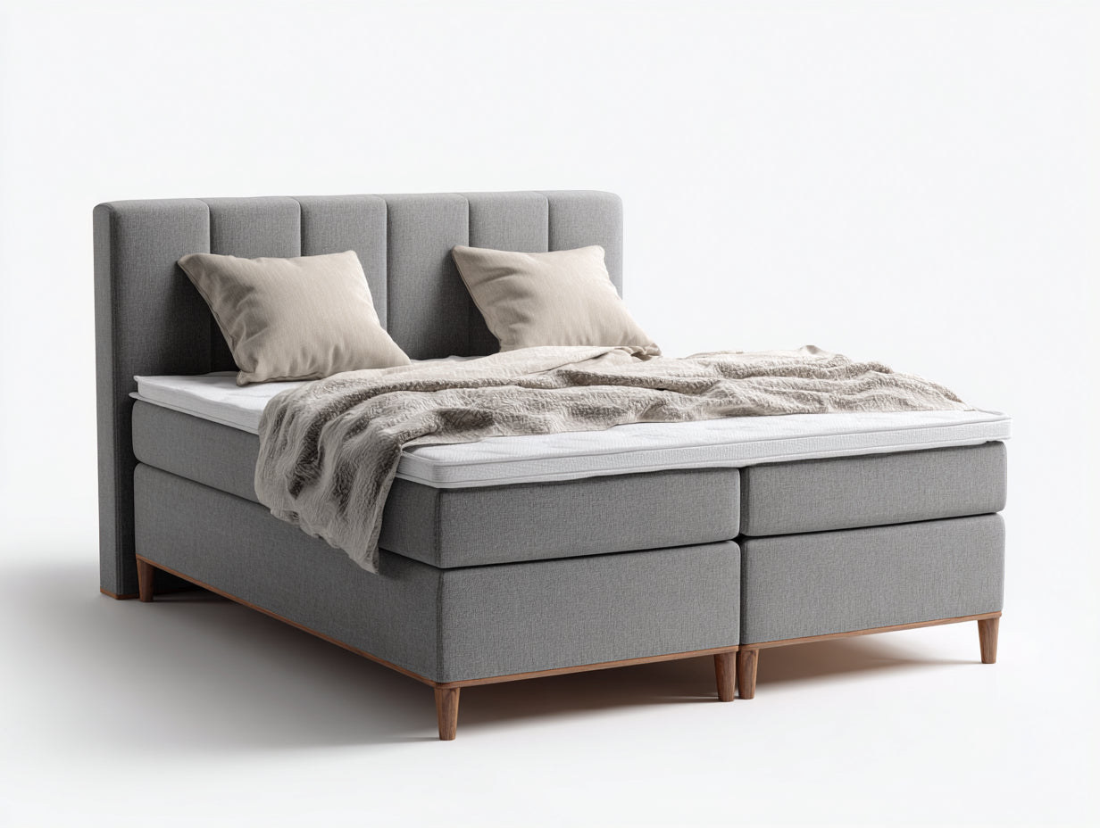 Lit double - Tissu-Bois - 216 x 184 x 122 cm - Gris - Style moderne à tête de lit cannelée