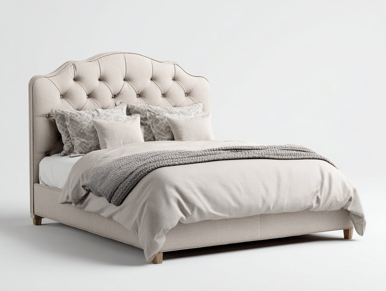 Lit double - Tissu - 219 x 178 x 146 cm - Beige - Style classique capitonné