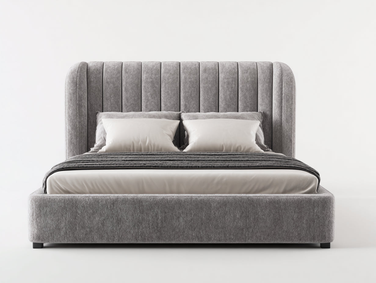 Lit double - Velours - 224 x 190 x 145 cm - Gris - Style contemporain enveloppant à tête de lit cannelée