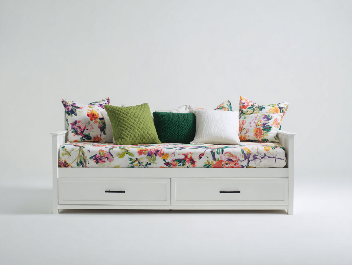 Canapé lit - Bois - 199 x 96 x 83 cm - Blanc - Style floral contemporain avec rangement
