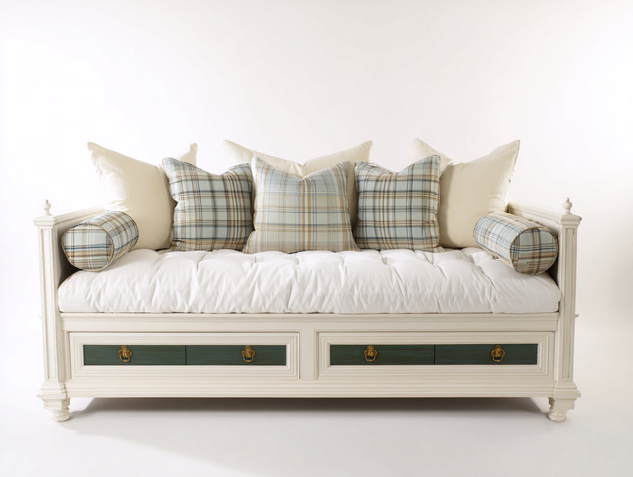 Canapé lit - Bois - 207 x 102 x 99 cm - Blanc cassé-Vert foncé - Style classique raffiné avec rangement