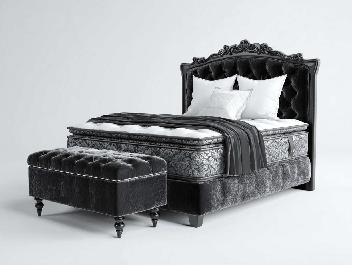 Lit double - Velours - 222 x 183 x 160 cm - Noir - Style baroque capitonné