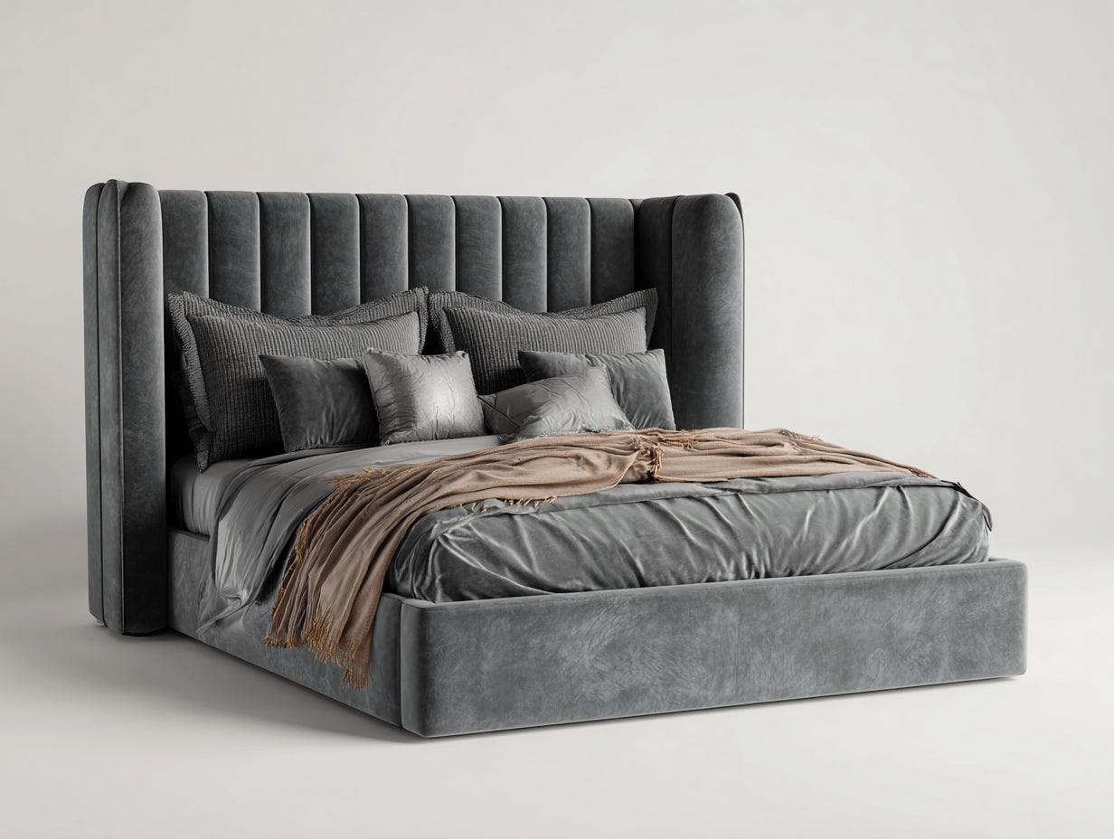 Lit double - Velours - 224 x 215 x 148 cm - Gris anthracite - Style contemporain à tête de lit cannelée
